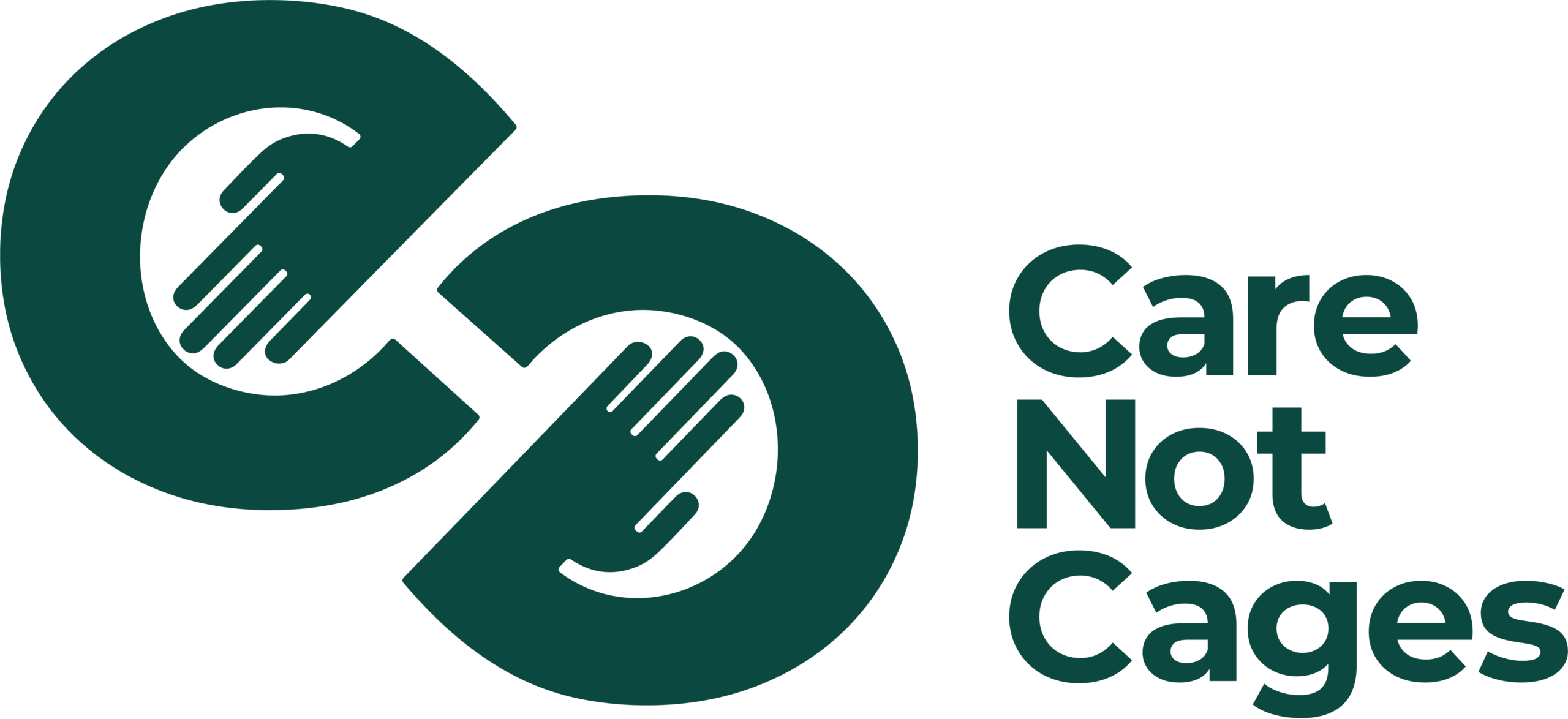 Care Not Cages logo, two Cs with hands reaching into them.
