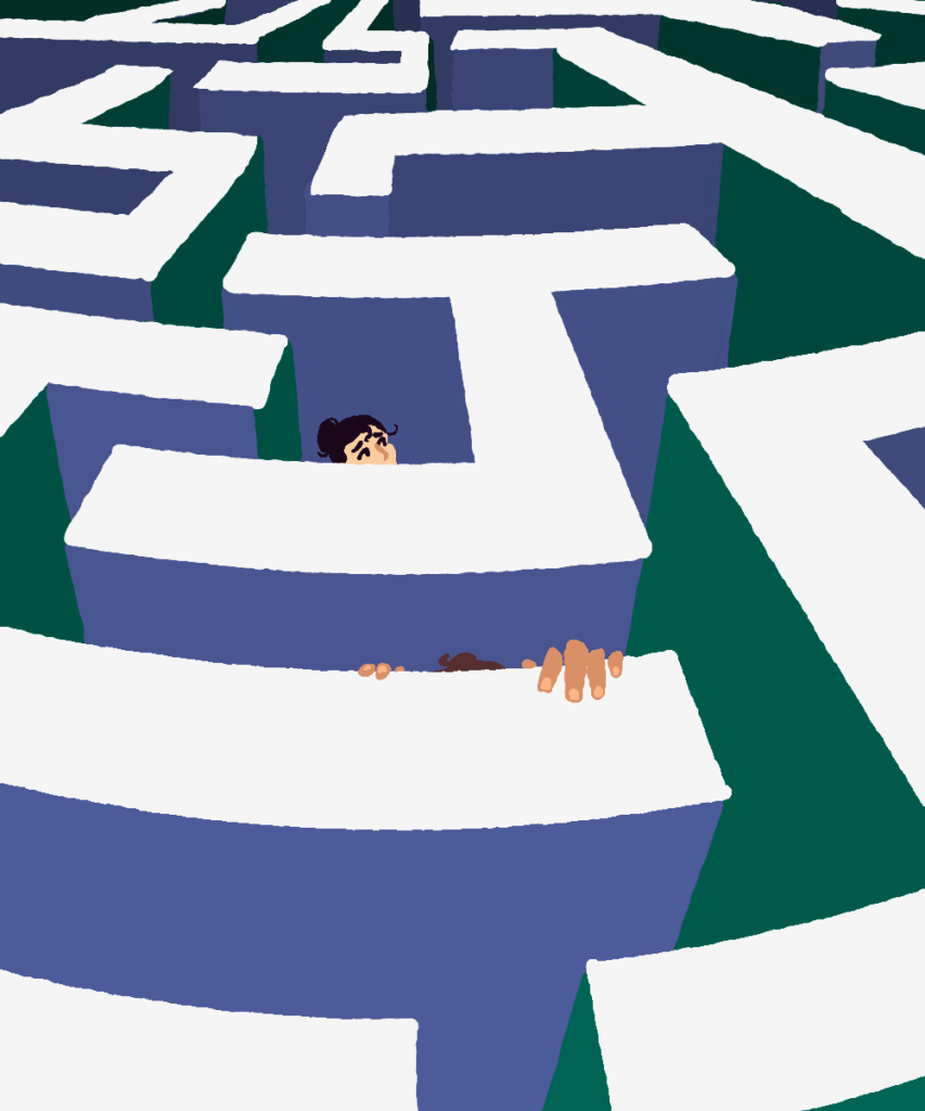 An illustration of a stylized maze. Trapped within it, two people attempt to find a way out.