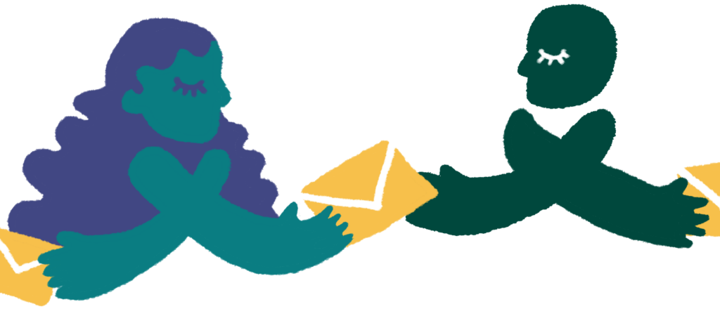 A simple drawing of two stylized people, passing envelopes along. 